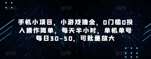 手机小项目，小游戏撸金，0门槛0投入操作简单，每天半小时，单机单号每日30-50，可批量放大_学通网创