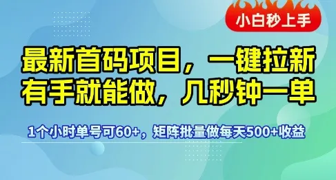 最新首码项目，一键拉新有手就能做，几秒钟一单，1个小时单号可60+，矩阵批量做每天5张【揭秘】_学通网创