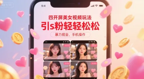 四开屏美女视频玩法，引s粉轻轻松松，暴力掘金，手机操作【揭秘】_学通网创