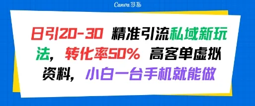 日引 20-30 精准引流私域新玩法，转化率50% 高客单虚拟资料，小白一台手机就能做_学通网创