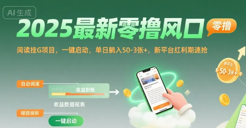 2025最新零撸风口，阅读挂G项目，一键启动，单日躺入 50-3张+，新平台红利期速抢【揭秘】_学通网创