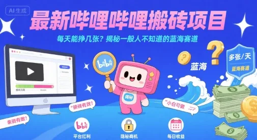 最新哔哩哔哩上B站搬砖项目，每天能挣几张？揭秘一般人不知道的蓝海赛道_学通网创