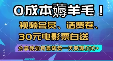 0成本薅羊毛!视频会员、话费卷、30元电影票白送，分享我如何靠转卖一天变现5张+【揭秘】_学通网创
