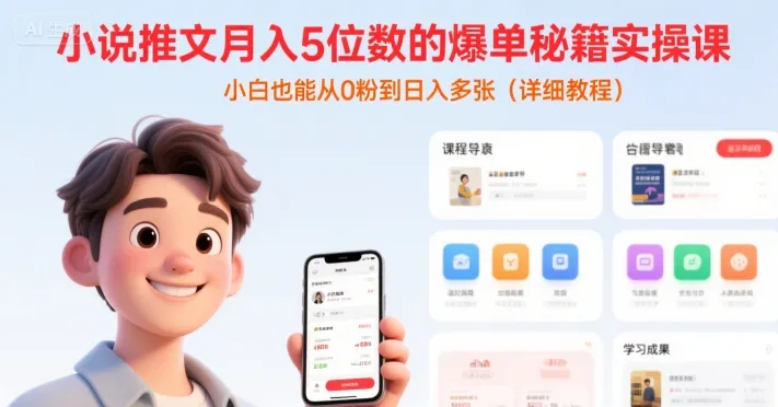 小说推文月入5位数的爆单秘籍实操课，，小白也能从0粉到日入多张(详细教程)_学通网创