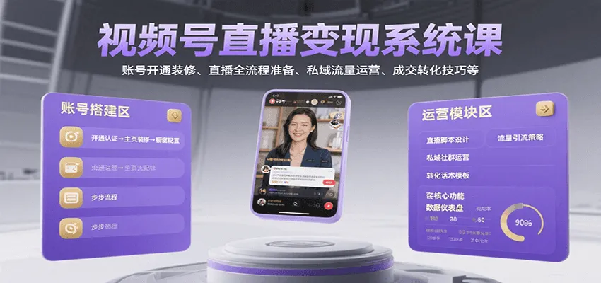 视频号直播变现系统课，账号开通装修、直播全流程准备、私域流量运营、成交转化技巧等_学通网创