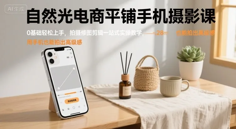 自然光电商平铺手机摄影课，0基础轻松上手，拍摄修图剪辑一站式实操教学，用手机也能拍出高级感_学通网创