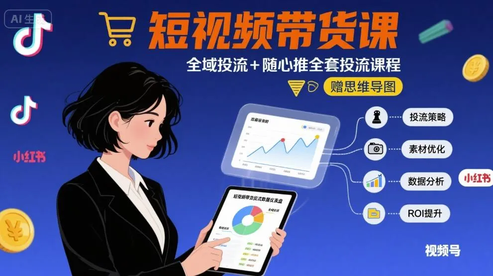 最新短视频带货课,全域投流+随心推全套投流课程+思维导图_学通网创