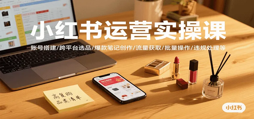 小红书运营实操课,账号搭建/跨平台选品/爆款笔记创作/流量获取/批量操作/违规处理等_学通网创