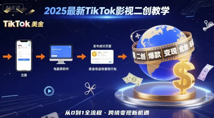 2025年最新TikTok影视二创教学，从注册到发布撸美金全流程，跨境变现新机遇_学通网创