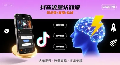 抖音流量认知课，短视频+直播+私域，认知提升，闪电开悟_学通网创