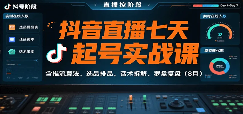 抖音直播七天起号实战课：含推流算法、选品排品、话术拆解、罗盘复盘（8月）_学通网创