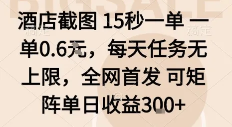 酒店截图15秒一单，一单0.6米，每天任务无上限，全网首发可矩阵单日收益3张【揭秘】_学通网创