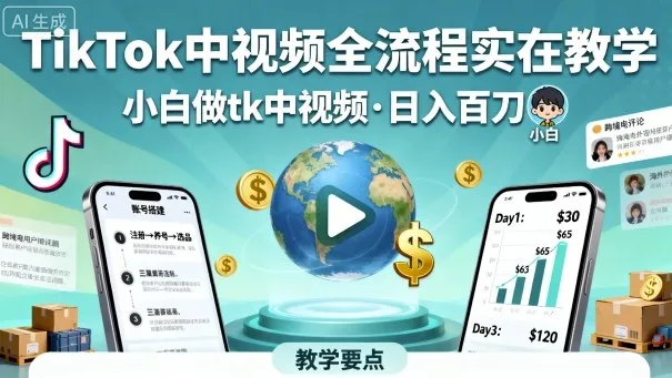 TikTok中视频全流程实操教学，小白做tk中视频，日入百刀_学通网创