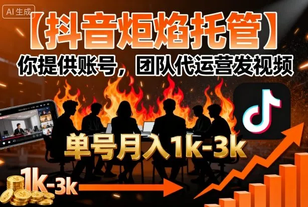 【抖音炬焰托管】你提供账号，团队代运营发视频，单号月入1k+【揭秘】_学通网创
