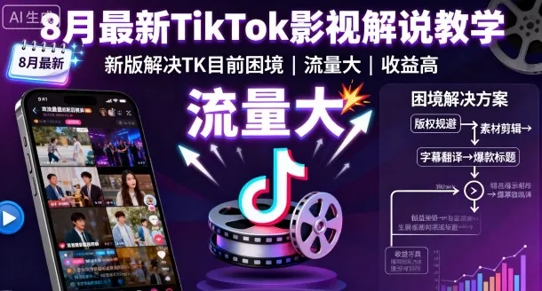 8月最新TikTok影视解说教学，新版解决TK目前困境，流量大，收益高_学通网创