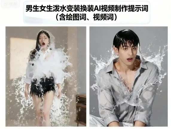 男生女生泼水变装换装AI视频制作提示词(含绘图词、视频词)_学通网创