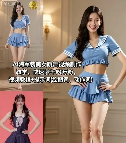 AI海军装美女跳舞视频制作教学,快速涨千粉万粉,视频教程+提示词(绘图词、动作词)_学通网创