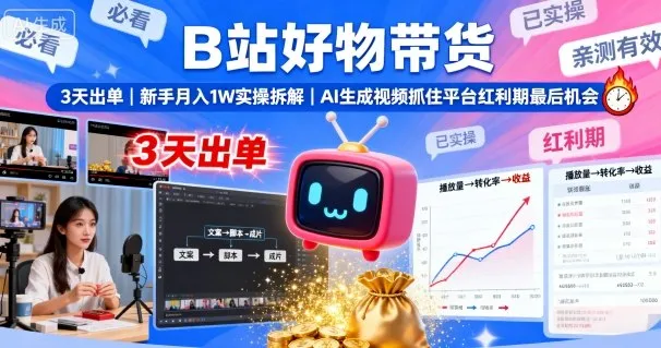 B站好物带货，3天出单，新手月入1W实操拆解，AI生成视频，抓住平台红利期最后机会_学通网创