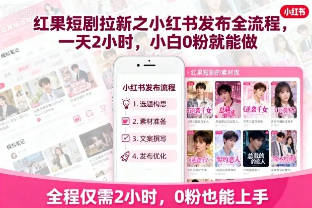 红果短剧拉新之小红书发布全流程，一天2小时，小白0粉就能做_学通网创