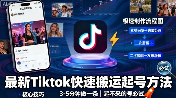 最新Tiktok快速搬运快速起号方法，3-5分钟做一条，起不来的号可以试试_学通网创