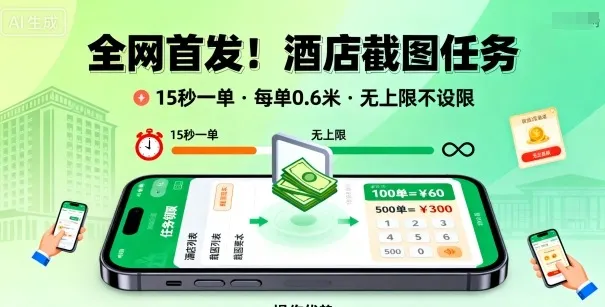 全网首发！酒店截图任务，15秒一单，每单0.6米，任务无上限不设限，矩阵操作单日3张到手【揭秘】_学通网创