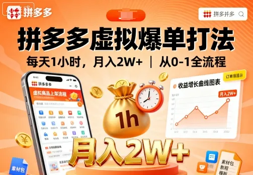 拼多多虚拟爆单打法，每天1小时，月入2W+，从0-1全流程_学通网创