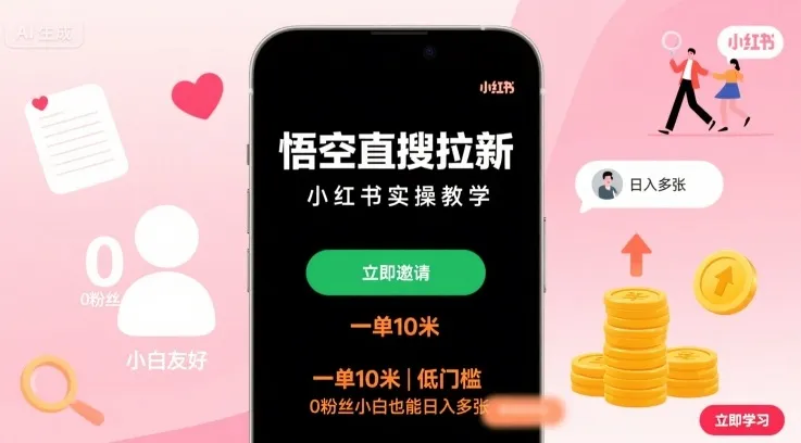 悟空直搜拉新小红书实操教学，一单10米，低门槛，0粉丝小白也能日入多张_学通网创