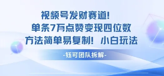 视频号发财赛道单条7W点赞变现四位数方法简单易复制小白玩法_学通网创