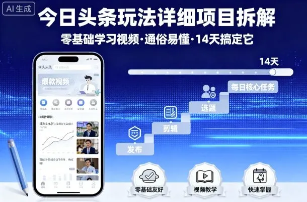 今日头条玩法详细项目拆解，零基础学习视频 通俗易懂 14天搞定它_学通网创