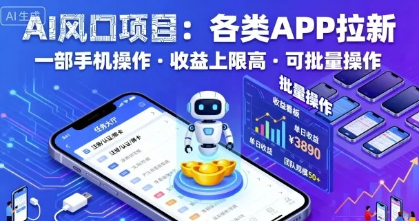 AI风口项目，各类APP拉新，一部手机就可以操作，收益上限高，可批量操作_学通网创