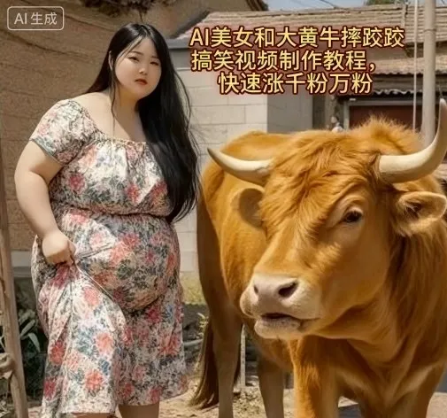 AI美女和大黄牛摔跤搞笑荒诞视频制作教程，快速涨千粉万粉_学通网创