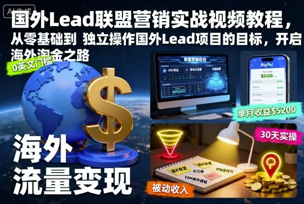 国外Lead联盟营销实战视频教程,从零基础到独立操作国外Lead项目的目标,开启海外淘金之路_学通网创