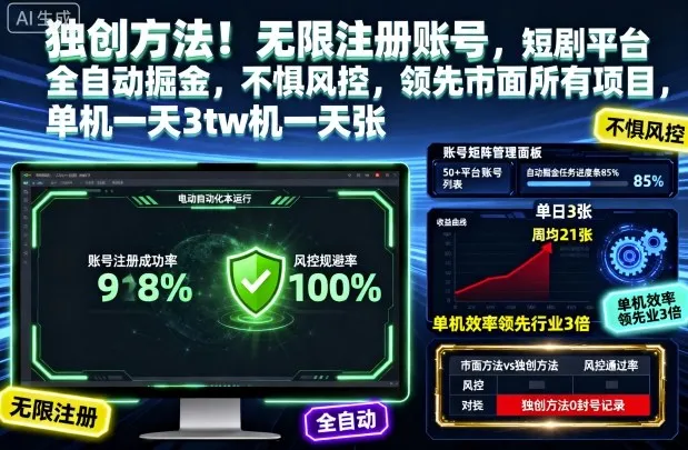 独创方法！无限注册账号，短剧平台全自动掘金，不惧风控，领先市面所有项目，单机一天3张【揭秘】_学通网创