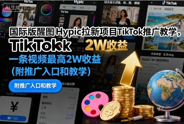 国际版醒图Hypic拉新项目TikTok推广教学，一条视频最高2W收益(附推广入口和教学)_学通网创