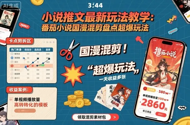 小说推文最新玩法教学，番茄小说国漫混剪盘点超爆玩法，全程干货，一天收益多张_学通网创