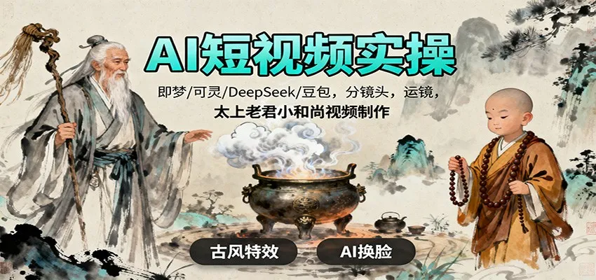 AI短视频实操,即梦/可灵/DeepSeek/豆包,分镜头,运镜,太上老君小和尚视频制作_学通网创