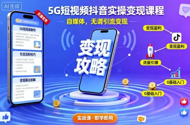 5G短视频抖音实操变现课程，自媒体，无谓引流变现_学通网创