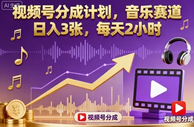 视频号分成计划，音乐赛道，日入3张，每天2小时_学通网创