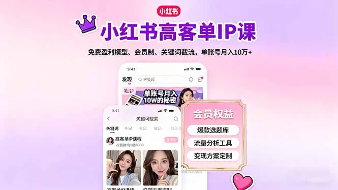小红书高客单IP课，免费盈利模型、会员制、关键词截流，单账号月入10万+_学通网创