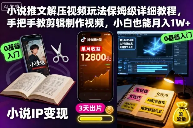 小说推文解压视频玩法保姆级详细教程，手把手教剪辑制作视频，小白也能月入1W+_学通网创