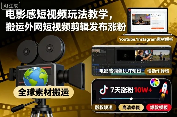电影感短视频玩法教学，搬运外网短视频剪辑发布涨粉_学通网创