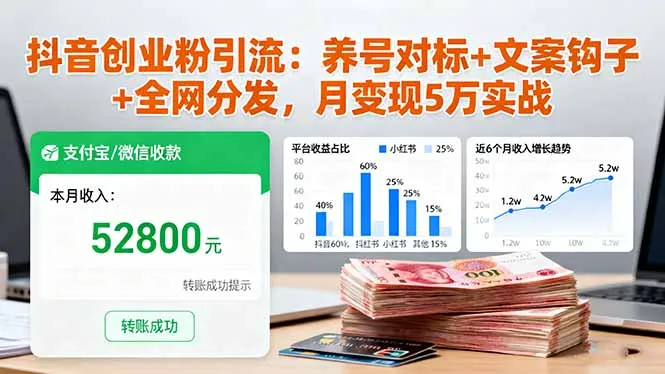抖音创业粉引流：养号对标+文案钩子+全网分发，月变现5万实战_学通网创
