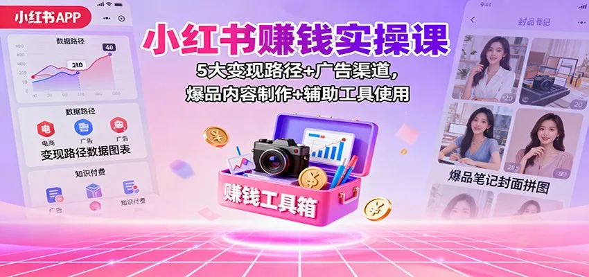 小红书赚钱实操课：5大变现路径+广告渠道，爆品内容制作+辅助工具使用_学通网创