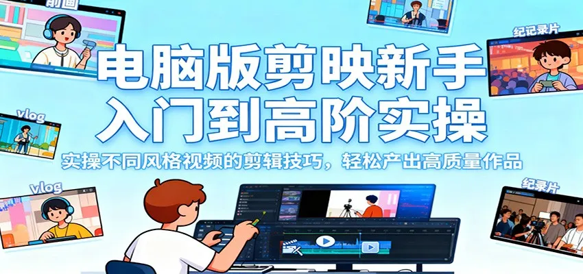 电脑版剪映新手入门到高阶实操，实操不同风格视频的剪辑技巧，轻松产出高质量作品_学通网创