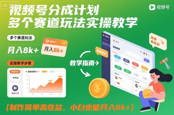 视频号分成计划多个赛道玩法实操教学，制作简单高收益，小白也能月入8k+_学通网创