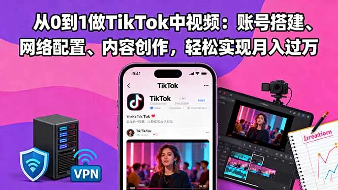 从0到1做TikTok中视频：账号搭建、网络配置、内容创作，轻松实现月入过万_学通网创