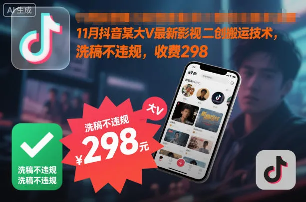 11月抖音某大V最新影视二创搬运技术，洗稿不违规，收费298_学通网创