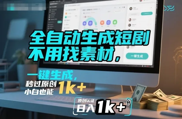 全自动生成短剧，不用找素材，不用剪辑，一键生成，秒过原创，小白也能轻松日入1k+【揭秘】_学通网创