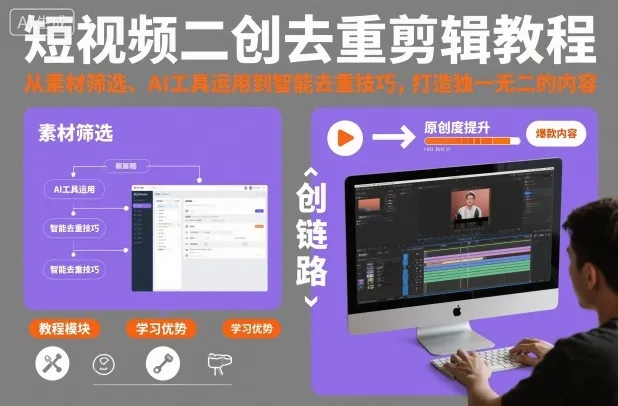 短视频二创去重剪辑教程，从素材筛选、AI工具运用到智能去重技巧，打造独一无二的内容_学通网创