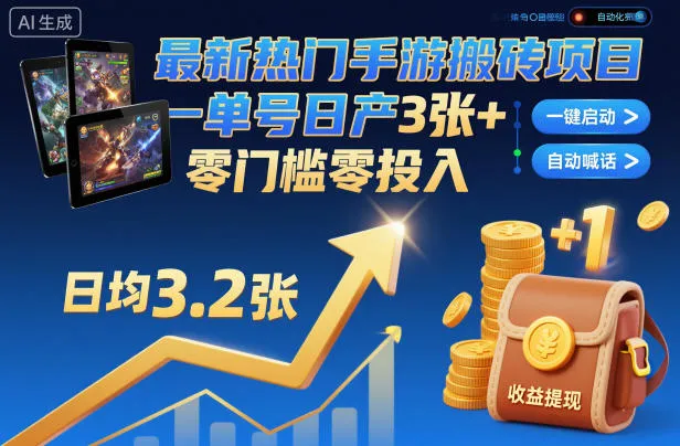 最新热门手游搬砖项目，一键自动化挂G，单号日产3张+，零门槛零投入【揭秘】_学通网创